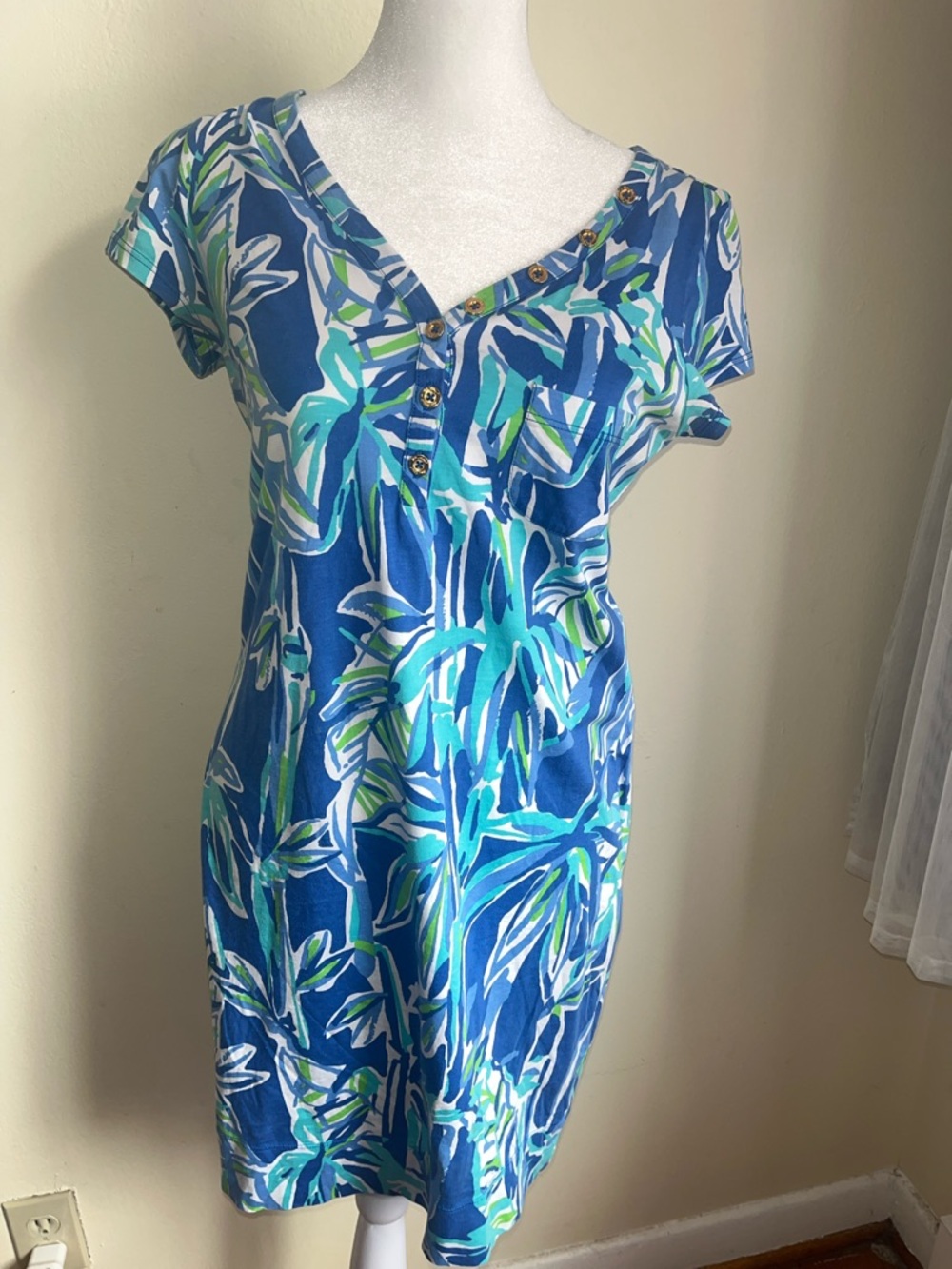 Lilly Pullitzer Blue Tropical Print V-Neck Women's Dress Small